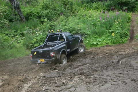 2003 Jeep TJ - This black Ford F-150 is struggling to get through a muddy off-road trail, its tires digging deep into the mire.