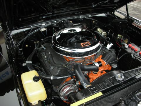 1998 Ford Crown Victoria - engine bay with a chrome air cleaner marked 426 sitting atop an orange-painted V8 with a yellow tank.