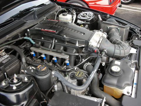 1998 Ford Crown Victoria - close-up of a Ford Mustang engine bay reveals the intake manifold, air intake tubing and coolant reservoir.
