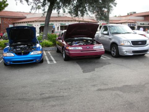 1998 Ford Crown Victoria - blue Mustang, maroon Ford sedan and a silver Ford pickup line up with hoods open in a plaza parking lot.