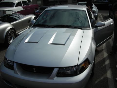 1998 Ford Crown Victoria - silver Ford Mustang Cobra displays its ribbed hood and cobra-snake grille badge with its door open at a meet.