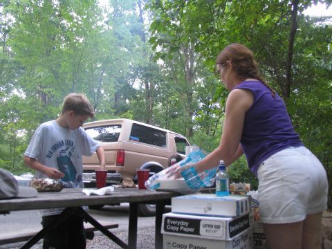 1995 Ford C-350 (Centurion Conversions) - A tan van is parked behind a picnic table where a boy and a woman are preparing food.
