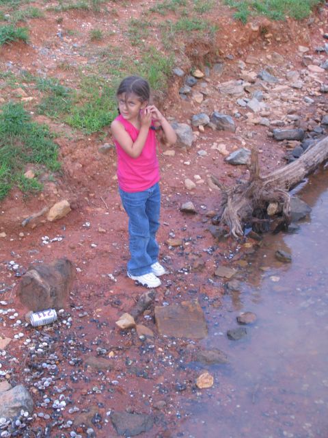 1995 Ford C-350 (Centurion Conversions) - A young girl stands on a muddy bank near the water, adjusting her ear.