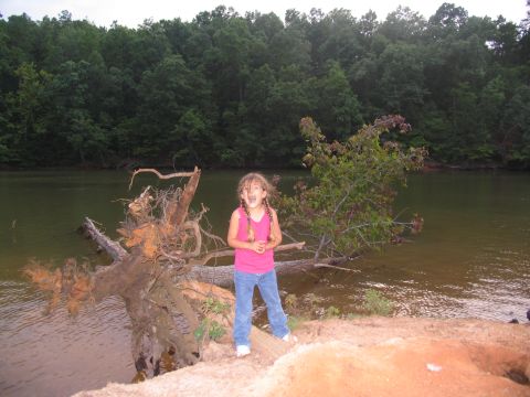 1995 Ford C-350 (Centurion Conversions) - A young girl poses by a lake with a large fallen tree in the foreground.