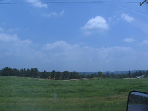 1995 Ford C-350 (Centurion Conversions) - A rural scene captured from a vehicle's side mirror, showing rolling green fields and distant trees under a cloudy sky.