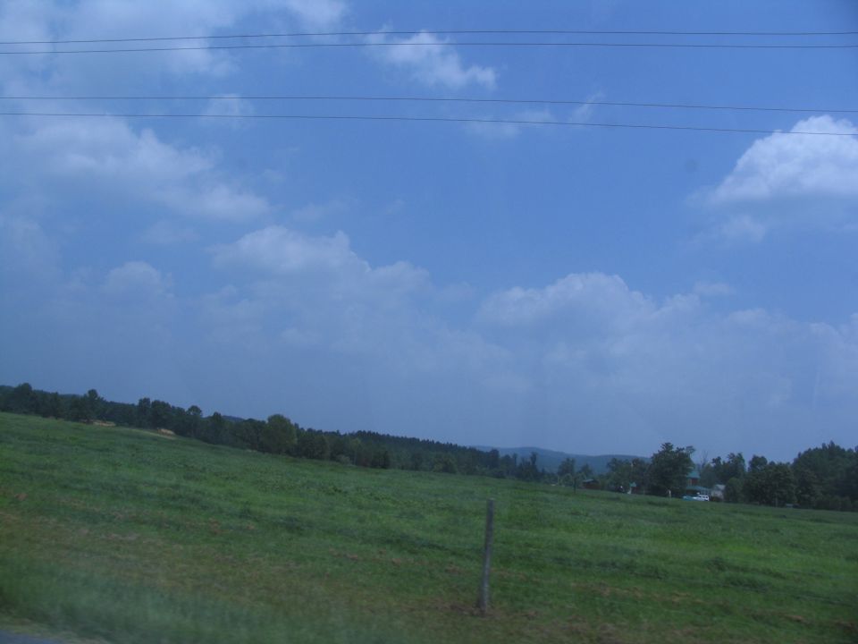 Rolling green hills under a blue sky with scattered clouds and power lines overhead