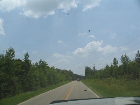 1995 Ford C-350 (Centurion Conversions) - Driving down a rural road with trees on either side and a single vehicle ahead.