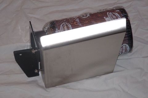 1998 Ford Crown Victoria - stainless steel heat-shield box enclosing a plastic-wrapped cone air filter with a black mounting tab, on white cloth.