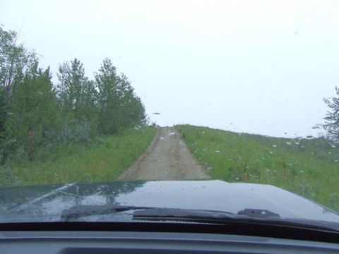 1988 Ford Bronco - Driver's-eye view through a rain-spotted windshield over a dark green hood with black wiper arms and cowl, looking up a narrow dirt two-tra…