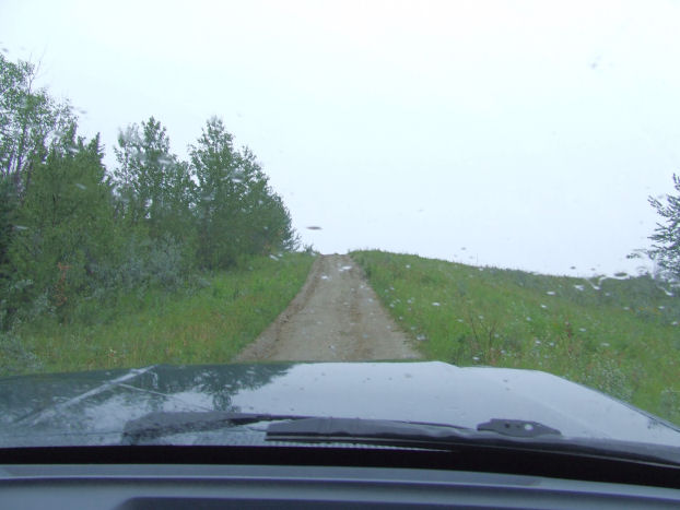 View over a green truck hood through a wet windshield up a dirt two-track trail