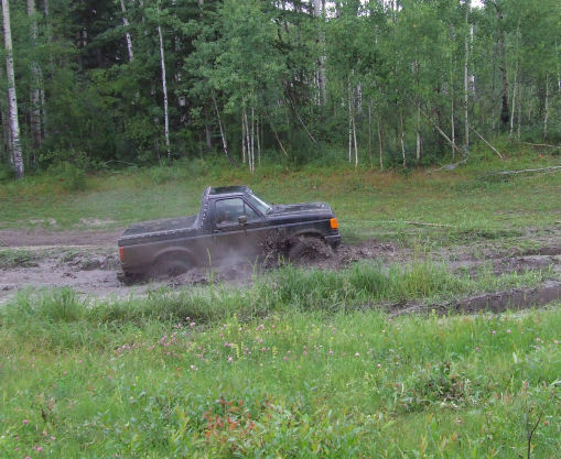 Black pickup truck with a single cab stuck in a muddy track, trees in background