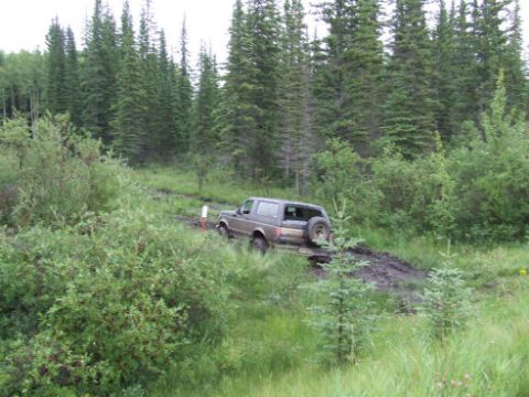 1988 Ford Bronco - Distant view of a mud-covered dark full-size Ford Bronco with a spare tire mounted on the roof, parked on a rutted muddy two-track cut thro…