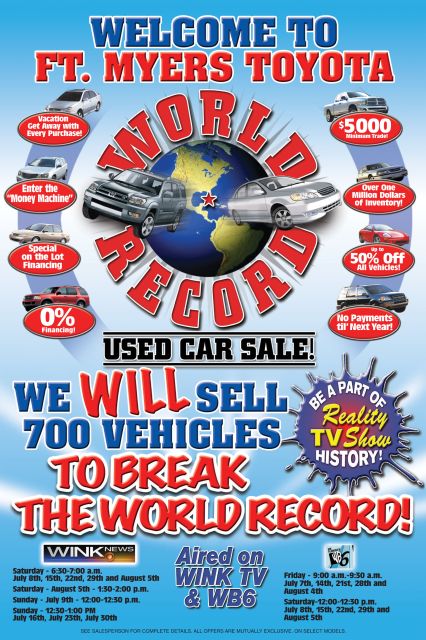 1993 Ford C-350 (Centurion Conversions) - Ft. Myers Toyota advertises a 'World Record Used Car Sale' promising to sell 700 vehicles and break a world record.