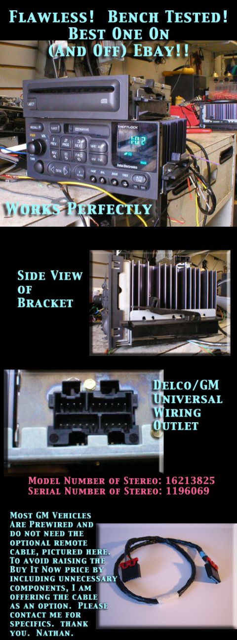 1998 Ford Crown Victoria - Multi-panel sale listing for a Delco/GM CD car stereo head unit, showing front face, side bracket, wiring outlet and harness with text.