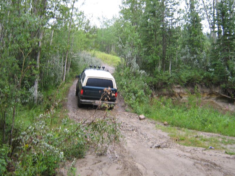 Ford Bronco driving on a dirt road through trees