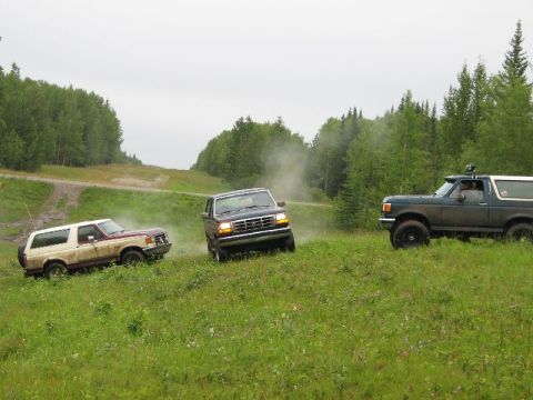 1995 Ford Bronco - Three Ford Broncos navigate a grassy, off-road terrain under an overcast sky.