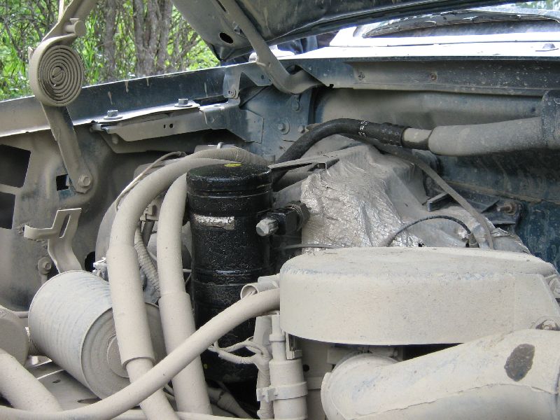 engine bay with hoses and black cylinder