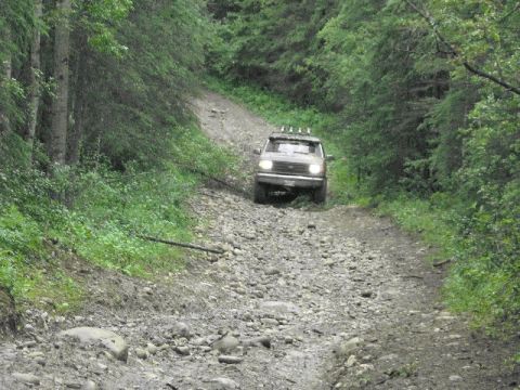 1995 Ford Bronco - Ford Bronco navigates a challenging, gravel-strewn trail through a dense forest.