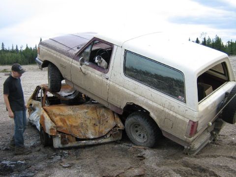1995 Ford Bronco - A Ford Bronco is precariously balanced on a heavily damaged vehicle, with a dog visible inside the Bronco.