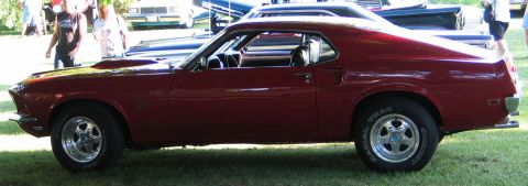 1994 Ford Bronco - A classic red coupe with a scooped hood is displayed outdoors on a sunny day.
