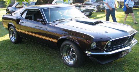 1994 Ford Bronco - This 1969 Ford Mustang Mach 1 is parked on grass at an outdoor event with other vehicles visible.