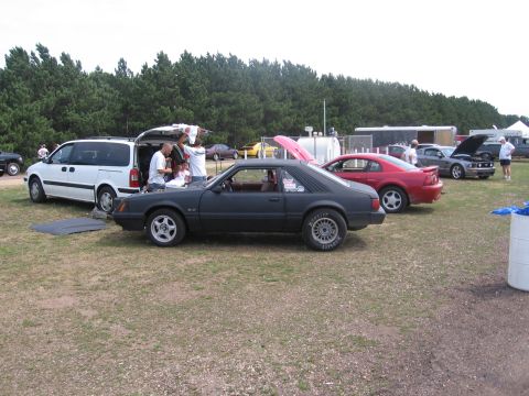 1989 Ford Mustang - A black 1989 Ford Mustang coupe is parked on a grassy field next to other vehicles.