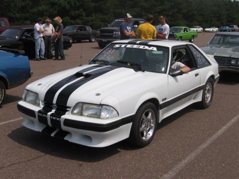 1989 Ford Mustang - White 1989 Ford Mustang with black racing stripes and 'STEEDA' banner on windshield.