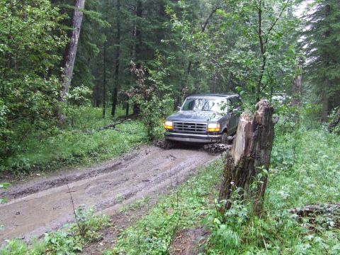1990 Ford Bronco - A dark gray Ford Bronco navigates a muddy forest road, with another vehicle visible in the background.