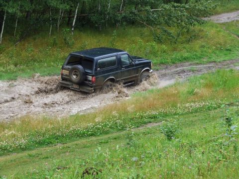 1990 Ford Bronco - A black 1990 Ford Bronco navigates a challenging muddy path surrounded by greenery.