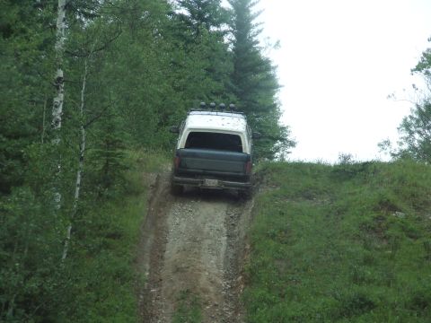 1990 Ford Bronco - A Ford Bronco navigates a steep, wooded dirt path.