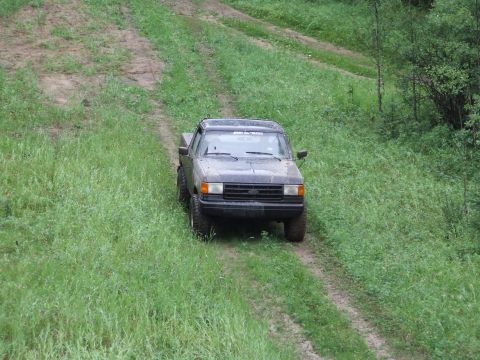 1990 Ford Bronco - A dark pickup truck navigates a muddy track through tall grass.