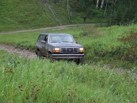 1990 Ford Bronco - A Ford Bronco navigates a grassy, off-road path.