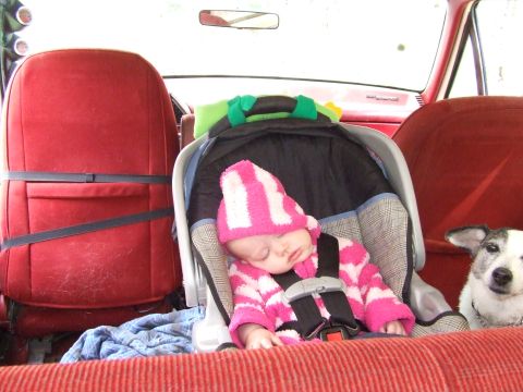 1990 Ford Bronco - A baby naps peacefully in a car seat, accompanied by a watchful dog, inside a vehicle with red upholstery.