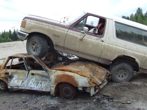 1990 Ford Bronco - A dog sits in the driver's seat of a Ford Bronco that is crushing a heavily damaged car.