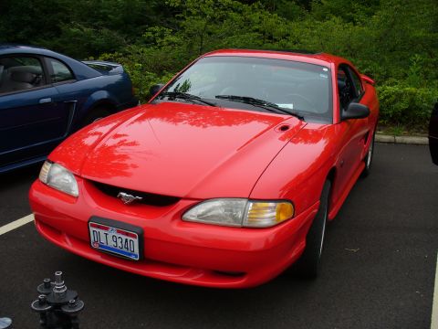 1991 Ford Probe - Red 1994 Ford Mustang parked next to a blue Mustang. The license plate reads DLT 9340.
