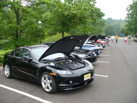 1991 Ford Probe - Several cars are parked in a lot with their hoods open, including a black Mazda RX-8 in the foreground.