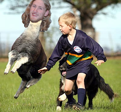 1969 Ford Mustang - A surreal scene unfolds as a boy, a dog, and a kangaroo with a man's head interact in a grassy field.