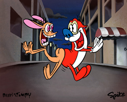 1969 Ford Mustang - Animated characters Ren and Stimpy are depicted on a street scene with the Supermotors logo visible.