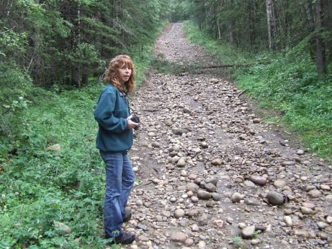 1990 Ford Bronco - Woman with a camera pauses on a rocky path in a dense forest.
