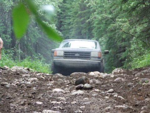 1990 Ford Bronco - A gray Ford Bronco navigates a challenging, rocky path through a dense forest.