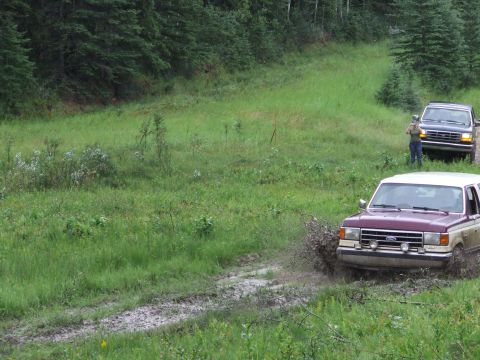 1988 Ford Bronco - Two Ford Broncos navigate a muddy trail surrounded by trees and grassy hills.