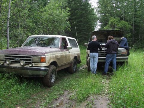 1990 Ford Bronco - Two trucks are parked in a muddy, wooded area, with people gathered around the engine of one of them.