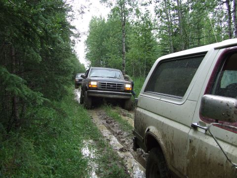 1990 Ford Bronco - A convoy of Ford Broncos navigates a muddy trail through a dense forest.