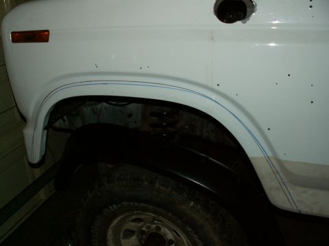 1983 Ford Bronco - front left wheel arch marked ready to cut for cut-out flares