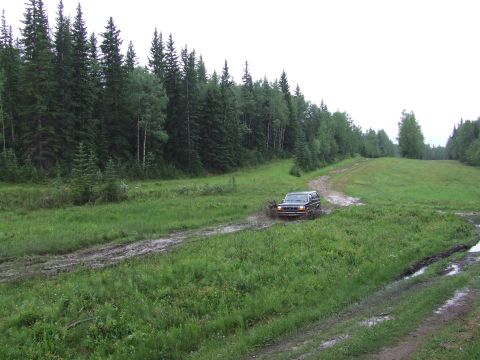 1988 Ford Bronco - A dark SUV navigates a muddy track surrounded by dense forest and green grass.