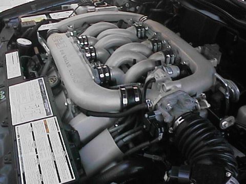 1993 Ford Taurus - Close-up view of a V8 engine's intake manifold and associated components.