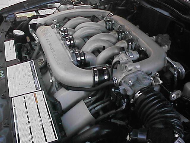 Engine bay with V8 32 valve DOHC intake manifold and hoses. Some labels are visible