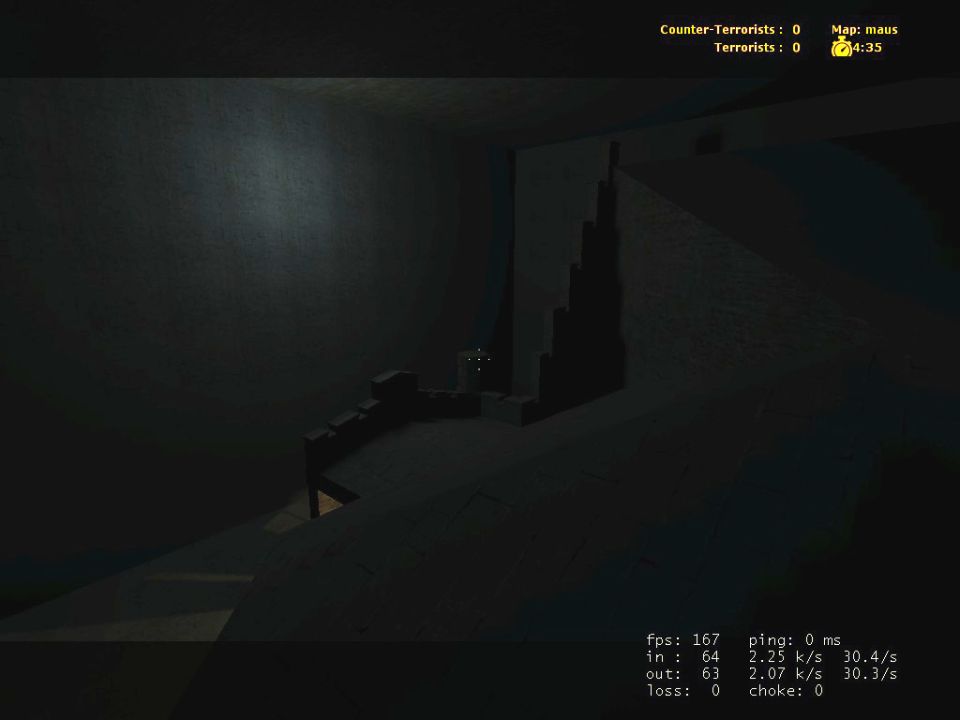 Dark interior scene with a staircase and a small glowing object