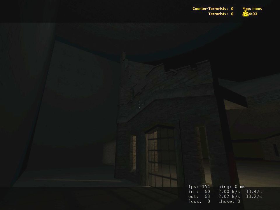 Dark interior scene from a video game with a brick building