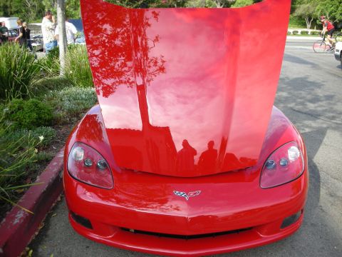 1998 Ford Crown Victoria - red Chevrolet Corvette photographed head-on with its hood open and crossed-flags emblem on the nose.